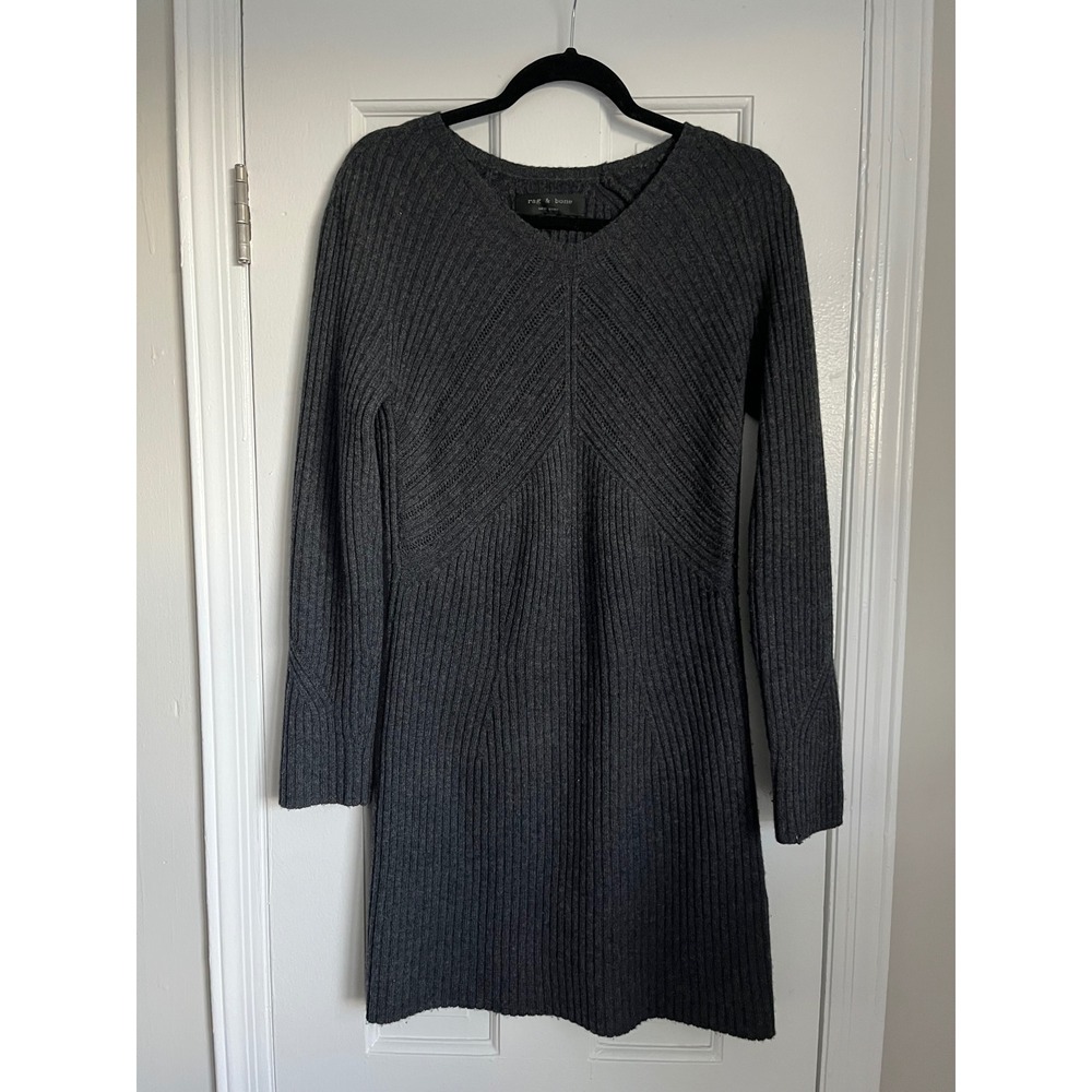 Rag & Bone Charcoal Gray 100% Wool Ribbed V-Neck Knit Mini Sweater Dress Small